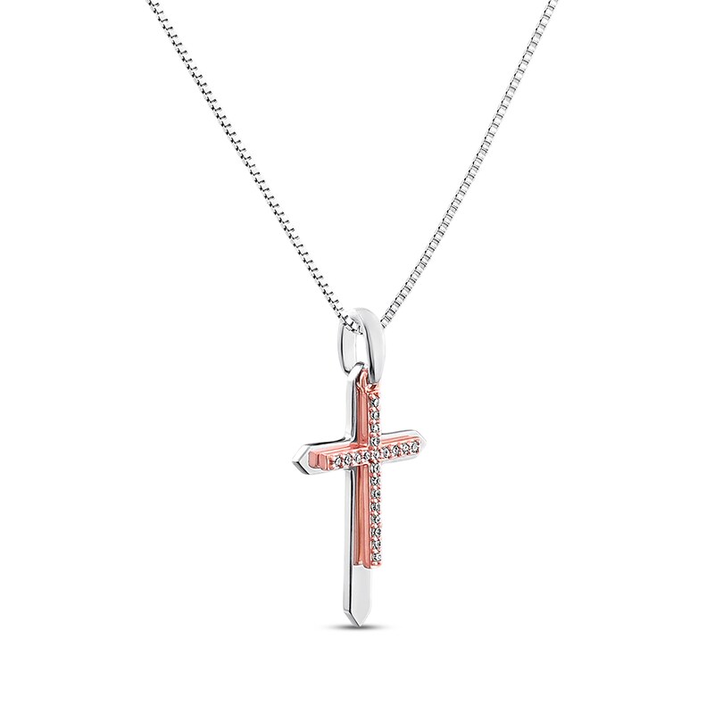 Diamond Cross Necklace 1/15 ct tw Sterling Silver & 10K Rose Gold