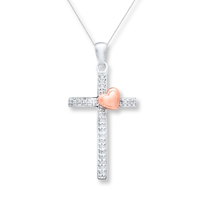 Cross Necklace 1/20 ct tw Diamonds Sterling Silver & 10K Rose Gold