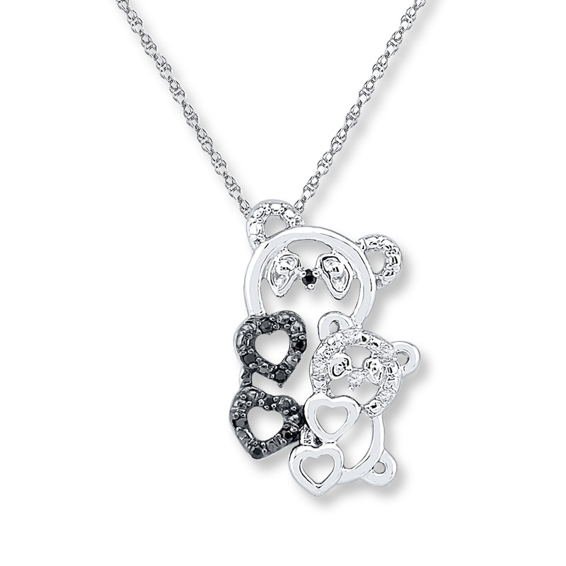Black & White Diamond Bear Necklace 1/20 ct tw Sterling Silver 18"