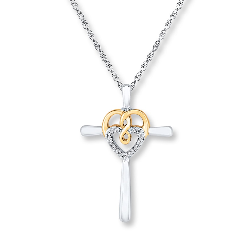 Cross Necklace 1/20 ct tw Diamonds Sterling Silver & 10K Yellow Gold
