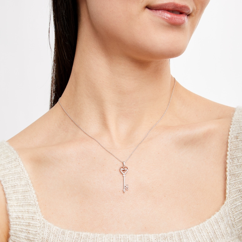 Main Image 2 of Key Necklace 1/20 ct tw Diamonds Sterling Silver & 10K Rose Gold