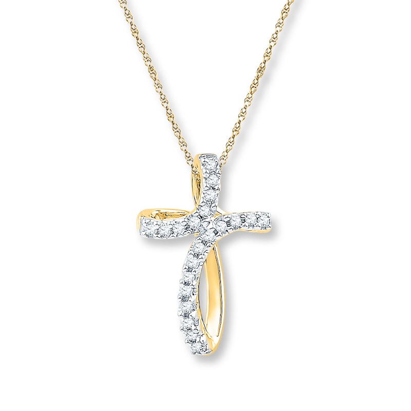 Main Image 1 of Diamond Cross Necklace 1/15 ct tw Round-cut 10K Yellow Gold