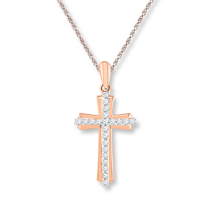 Main Image 1 of Diamond Cross Necklace 1/6 ct tw Round-cut 10K Rose Gold