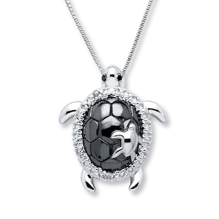 Turtle Necklace Black & White Diamonds Sterling Silver