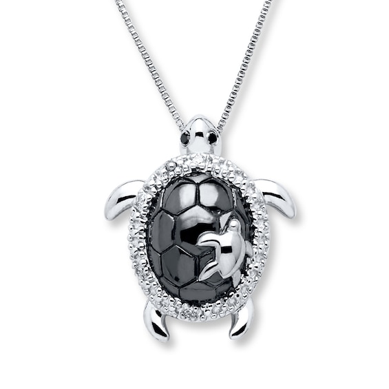Turtle Necklace Black & White Diamonds Sterling Silver