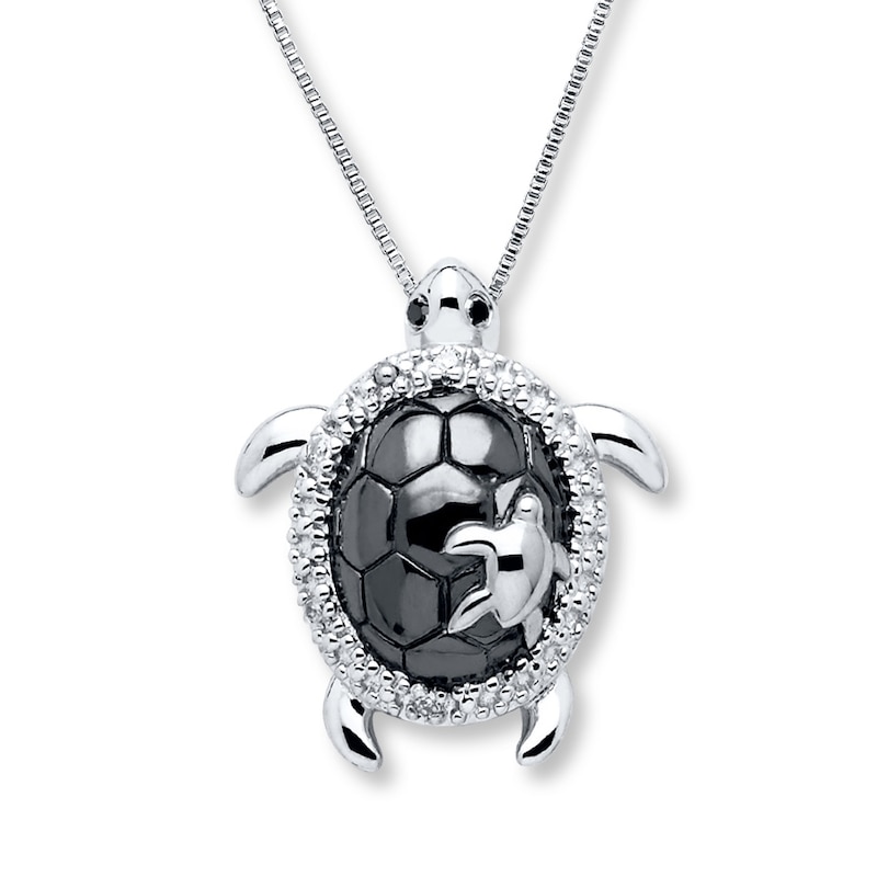 Turtle Necklace Black & White Diamonds Sterling Silver