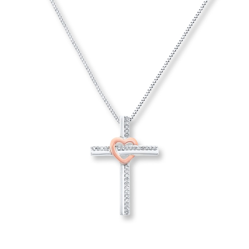 Cross Necklace 1/10 ct tw Diamonds Sterling Silver & 10K Rose Gold