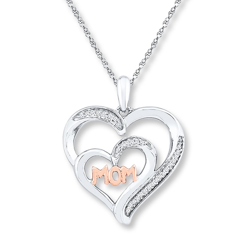 Mom Heart Necklace 1/15 ct tw Diamonds Sterling Silver & 10K Rose Gold