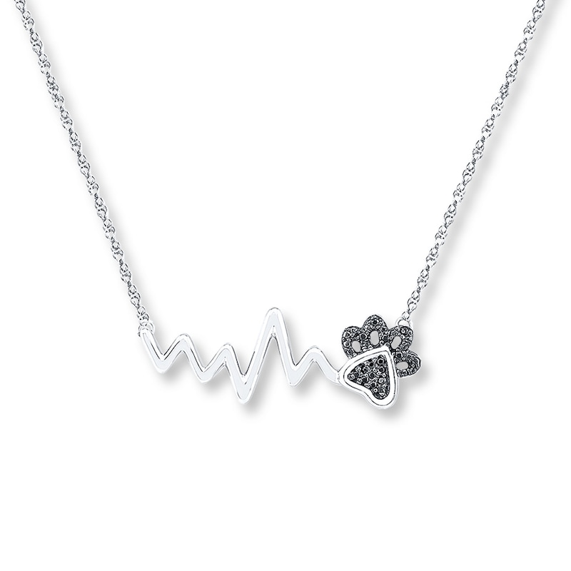 Main Image 1 of Paw Heartbeat Necklace 1/20 cttw Black Diamonds Sterling Silver