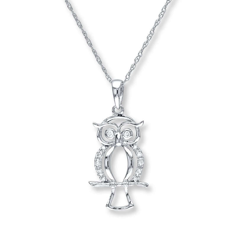 Diamond Owl Necklace 1/20 ct tw Round-cut 10K White Gold