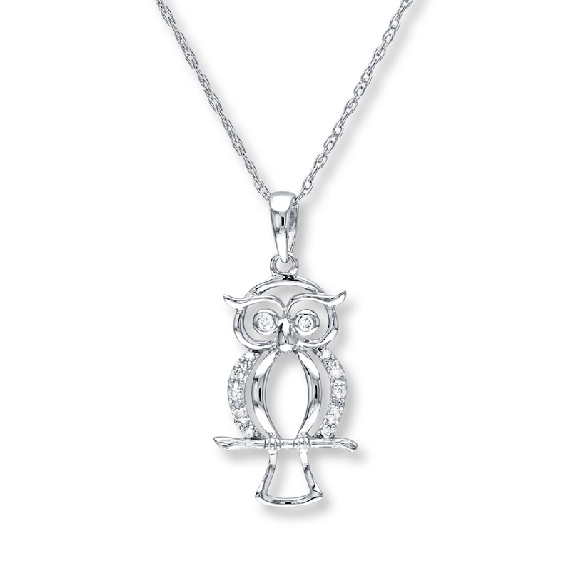 Main Image 1 of Diamond Owl Necklace 1/20 ct tw Round-cut 10K White Gold