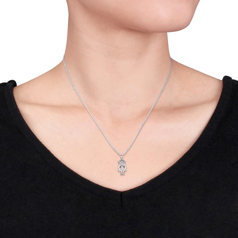 14k White Gold Over Round Sapphire & Diamond Owl Pendant 18'' Chain Necklace