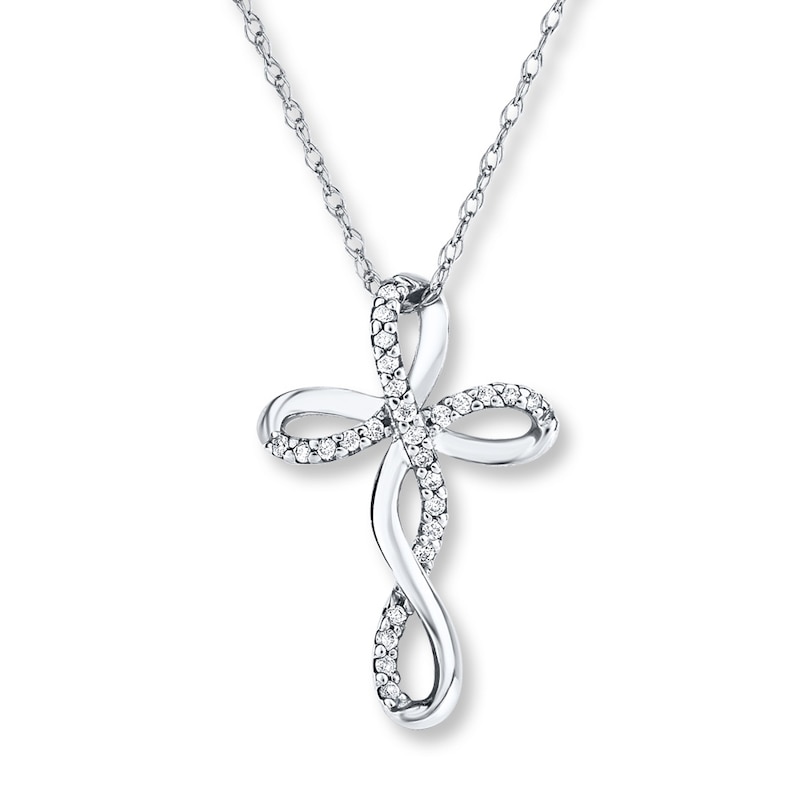 Main Image 1 of Diamond Cross Necklace 1/15 ct tw Round-cut 10K White Gold