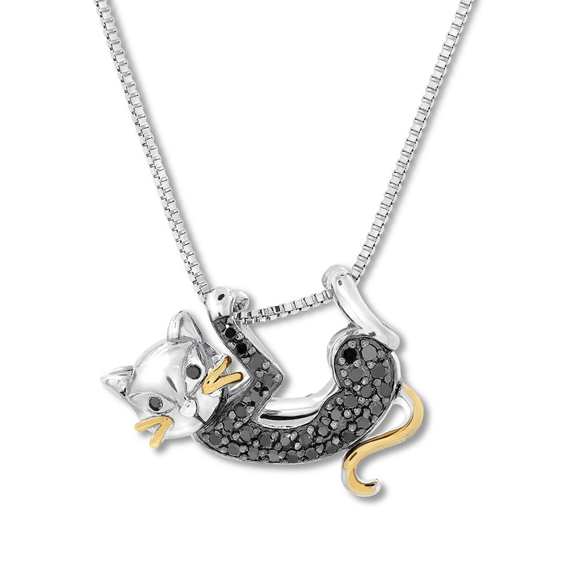 Main Image 1 of Black Diamond Cat Necklace 1/5 ct tw Sterling Silver & 10K Yellow Gold