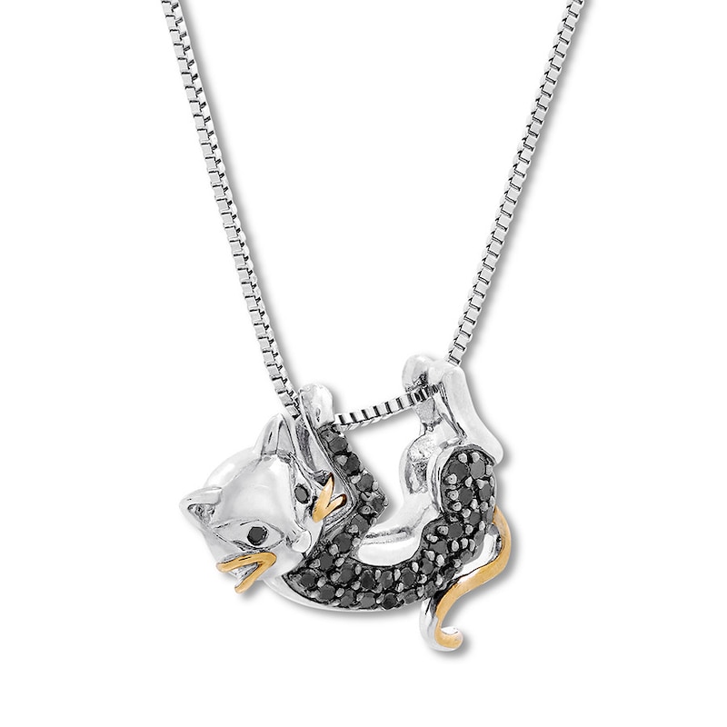 Black Diamond Cat Necklace 1/5 ct tw Sterling Silver/10K Gold