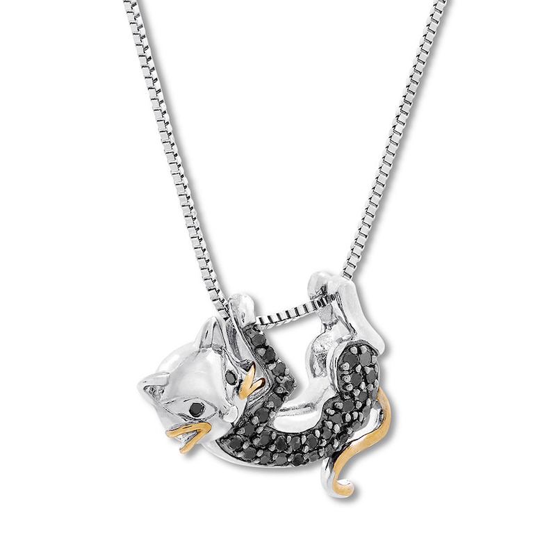 Main Image 3 of Black Diamond Cat Necklace 1/5 ct tw Sterling Silver & 10K Yellow Gold