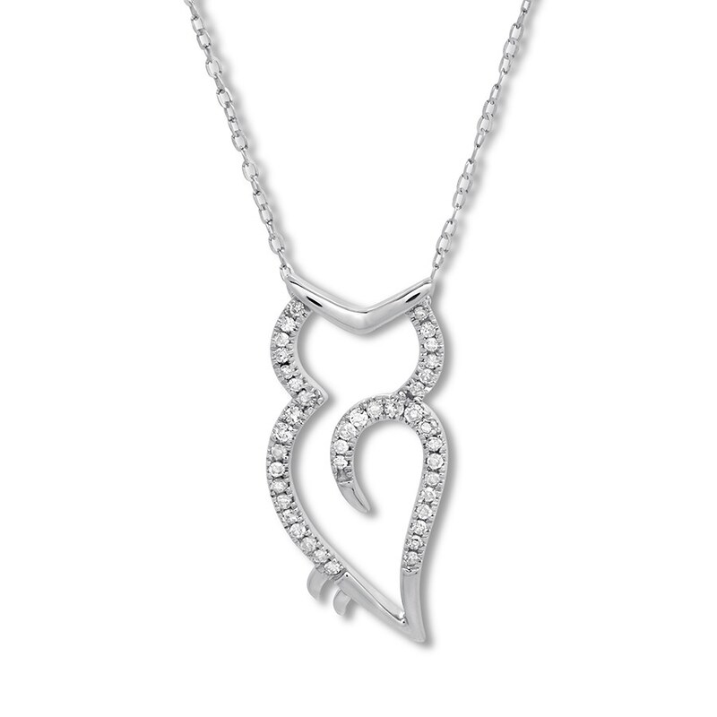 Main Image 1 of Diamond Owl Necklace 1/10 ct tw Round-cut 10K White Gold
