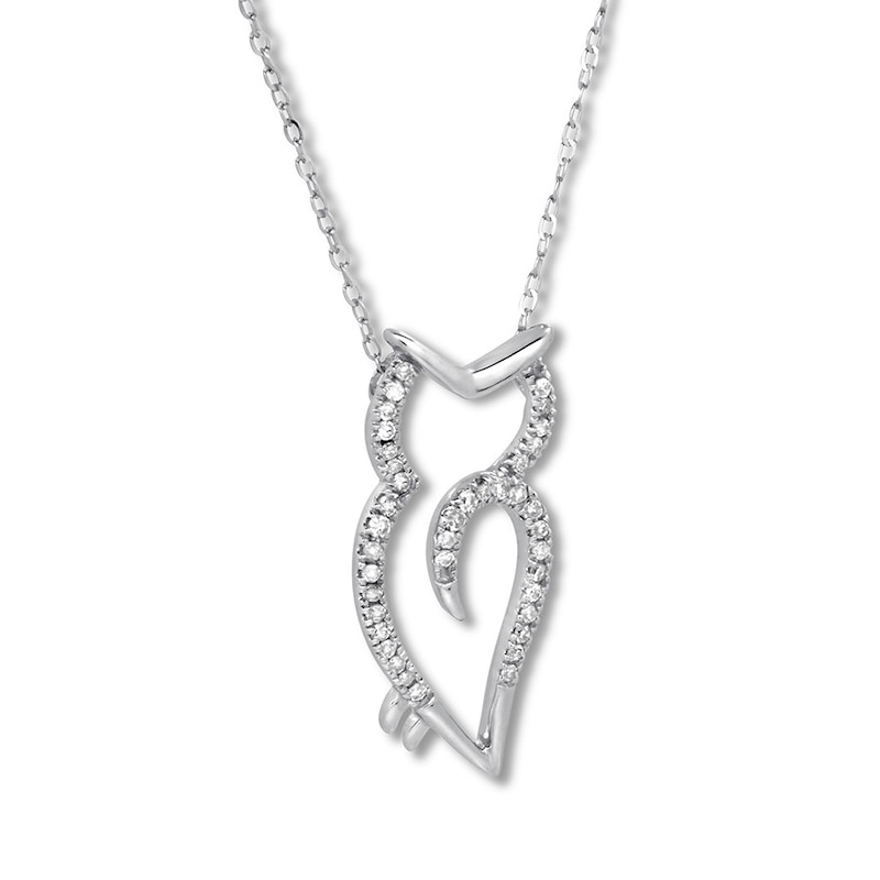 Main Image 3 of Diamond Owl Necklace 1/10 ct tw Round-cut 10K White Gold