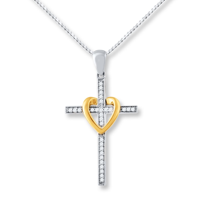 Cross Necklace 1/10 ct tw Diamonds Sterling Silver & 10K Yellow Gold