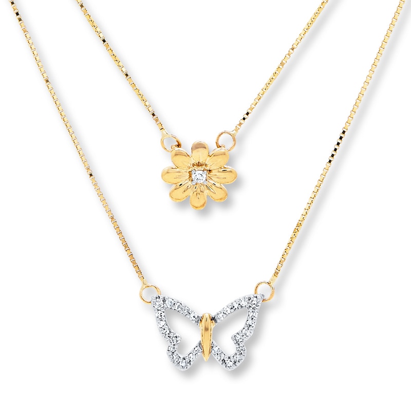 Butterfly Layered Necklace 1/10 ct tw Diamonds 10K Yellow Gold