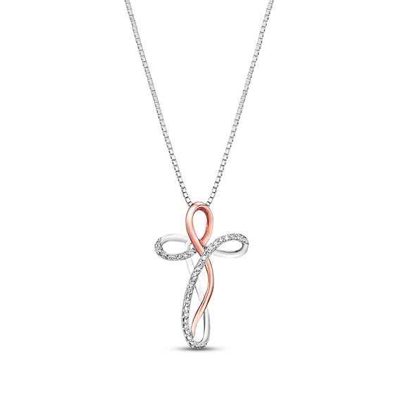 Diamond Cross Necklace 1/10 ct tw Sterling Silver & 10K Rose Gold 18"