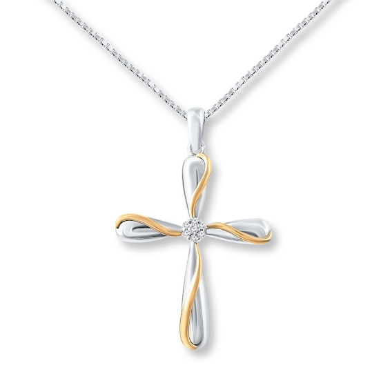 Diamond Accent Puffed Cross Necklace Sterling Silver & 10K Yellow Gold 18"