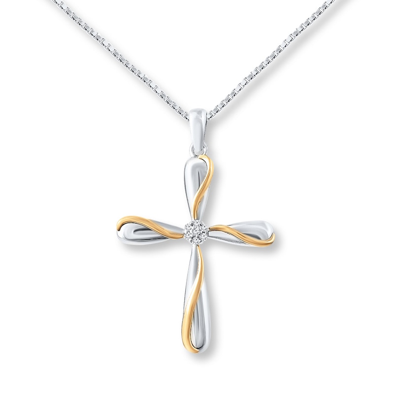 Main Image 1 of Diamond Cross Necklace Sterling Silver & 10K Yellow Gold