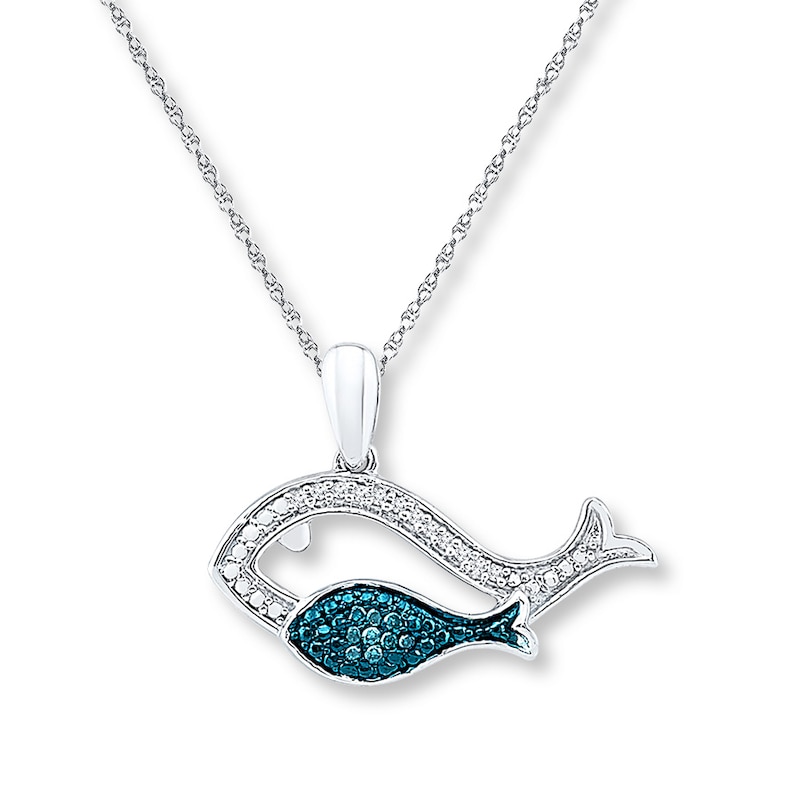 Main Image 1 of Fish Necklace 1/20 ct tw Blue Diamonds Sterling Silver 18&quot;
