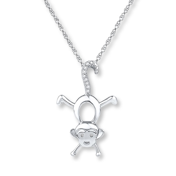 Diamond Monkey Necklace Sterling Silver 18"