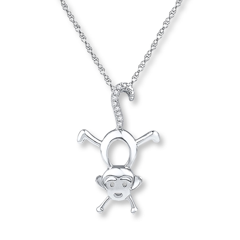 Diamond Monkey Necklace Sterling Silver 18"