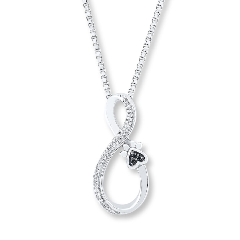 Pet Love Paw Print Necklace Black & White Diamond Sterling Silver 18"