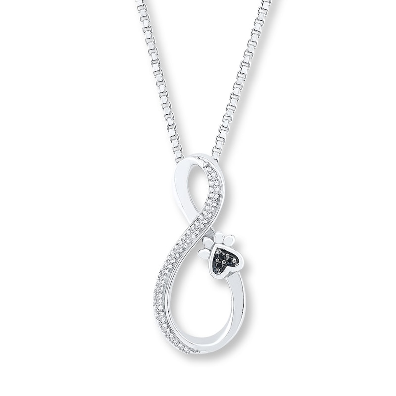 Main Image 1 of Pet Love Paw Print Necklace Black & White Diamond Sterling Silver 18&quot;