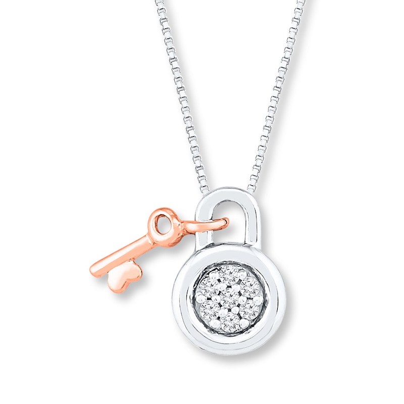 Main Image 1 of Lock & Key Necklace 1/15 cttw Diamonds Sterling Silver & 10K Rose Gold 18&quot;