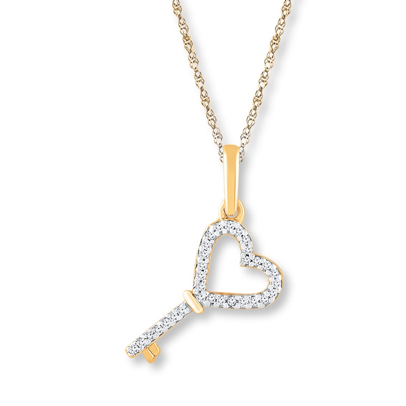 Heart Key Necklace 1/20 ct tw Diamonds 10K Yellow Gold 18"