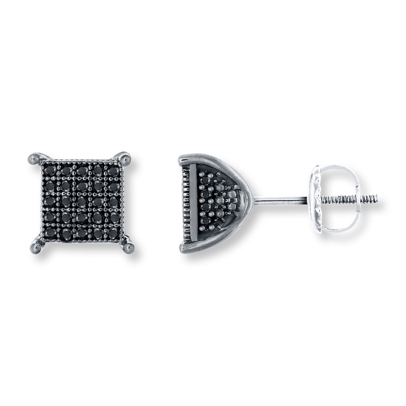 Main Image 1 of Men's Black Diamond Earrings 1/4 ct tw Round-cut 10K White Gold