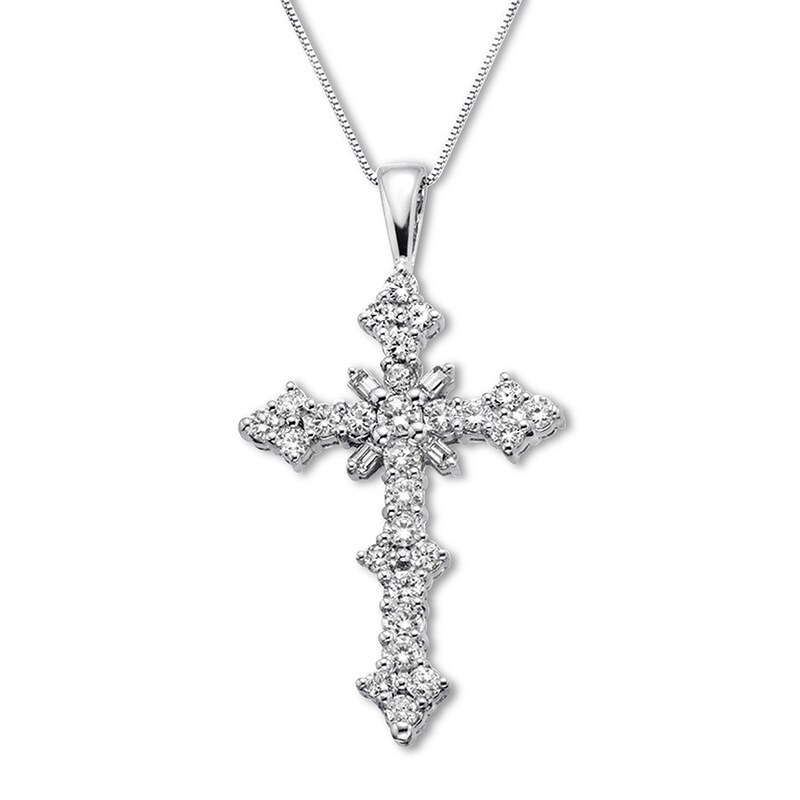 Diamond Cross Necklace 1/2 ct tw Round & Baguette 10K White Gold 18"