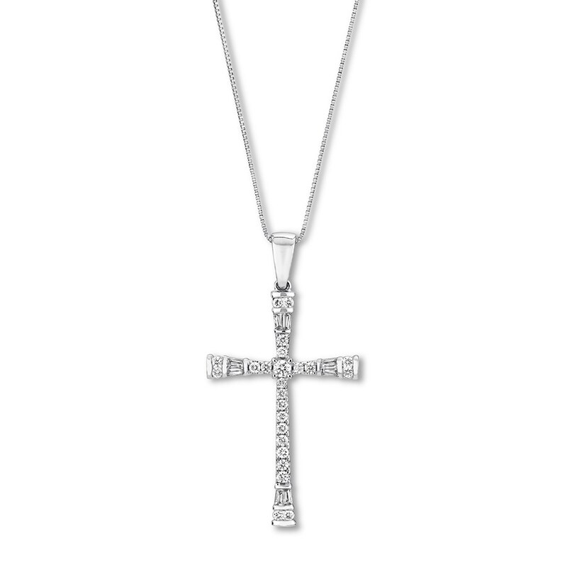Diamond Cross Necklace 3/8 ct tw Round & Baguette 10K White Gold 18"
