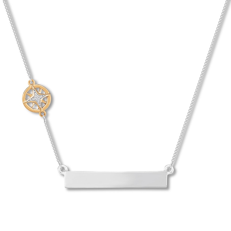 "Wanderlust" Bar Necklace with Compass Sterling Silver & 10K Yellow Gold