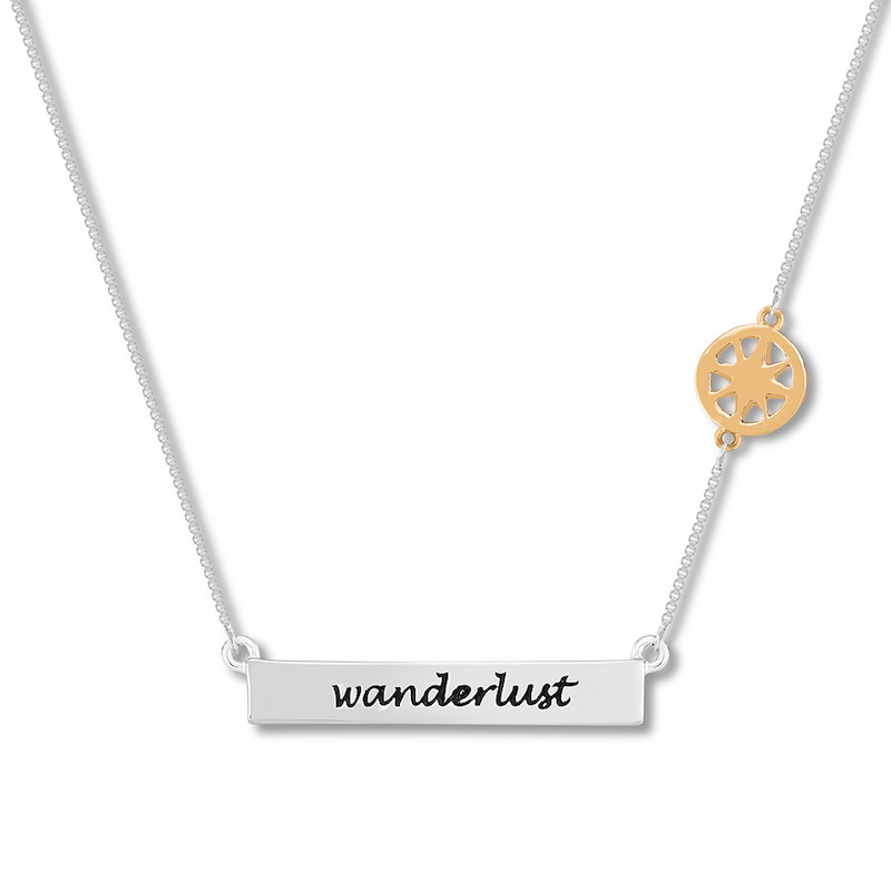 "Wanderlust" Bar Necklace with Compass Sterling Silver & 10K Yellow Gold