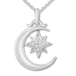 "Believe" Diamond Moon & Star Necklace Sterling Silver