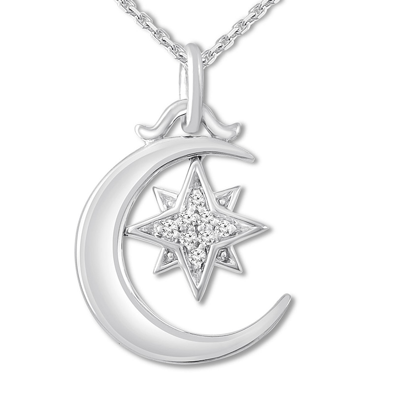 Main Image 1 of &quot;Believe&quot; Diamond Moon & Star Necklace Sterling Silver