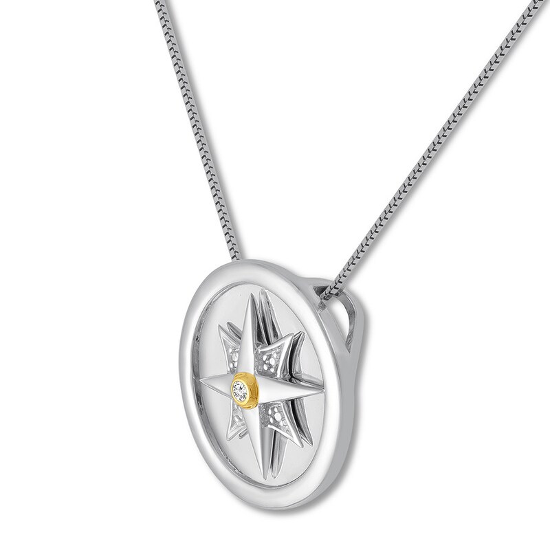Compass Necklace Diamond Accent Sterling Silver & 10K Yellow Gold