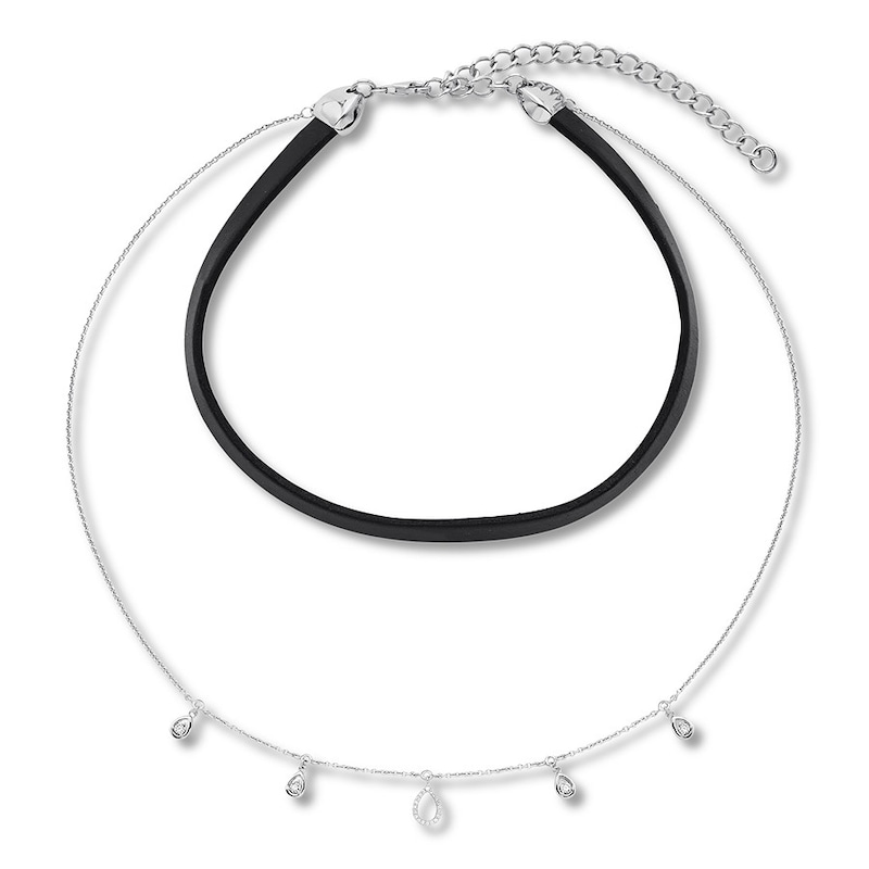 Main Image 1 of Diamond Layered Necklace 1/10 ct tw Sterling Silver & Leather 12&quot;