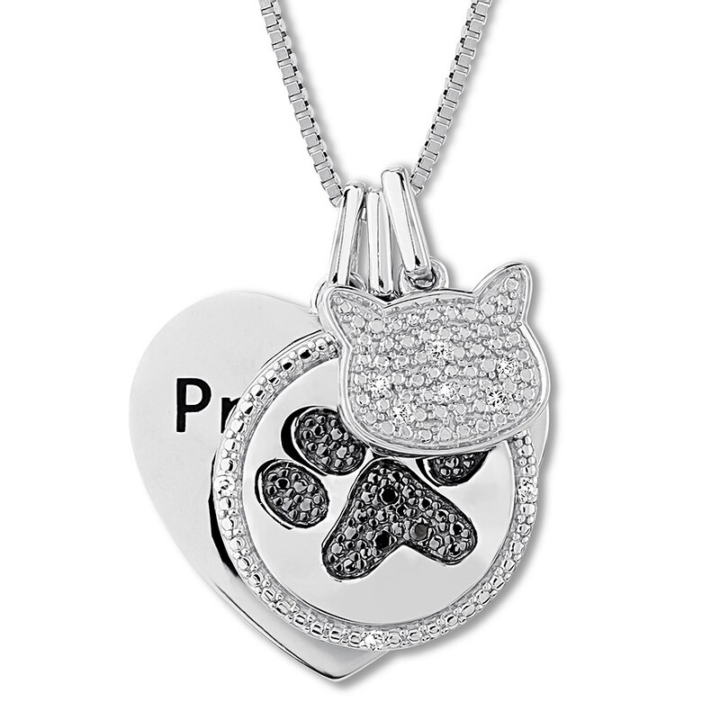 "Proud Cat Mom" Diamond Necklace Sterling Silver 18"