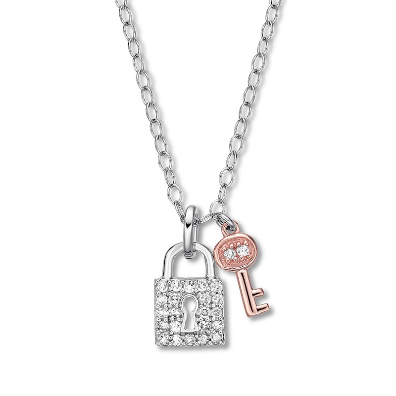 Main Image 1 of Diamond Lock & Key Necklace 1/10 ct tw Sterling Silver & 10K Rose Gold