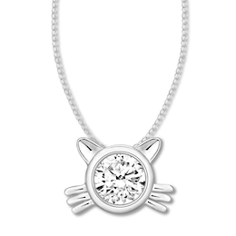 Diamond Solitaire Cat Necklace 1/4 ct Round-cut 10K White Gold 16"