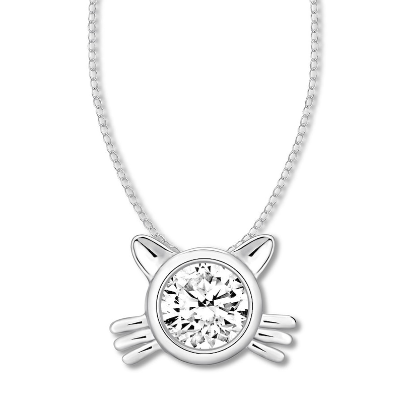 Main Image 1 of Diamond Solitaire Cat Necklace 1/4 ct Round-cut 10K White Gold 16&quot;
