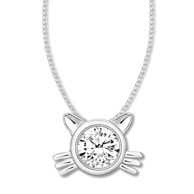 Diamond Solitaire Cat Necklace 1/4 ct Round-cut 10K White Gold 16"