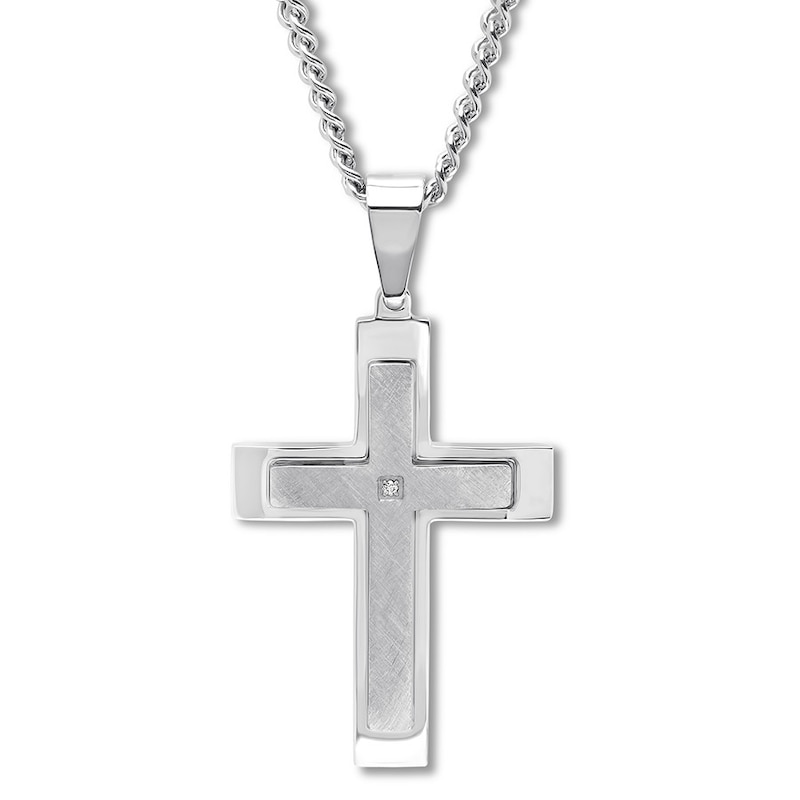 Main Image 1 of Men's Cross Necklace Diamond Accent Stainless Steel 24&quot;