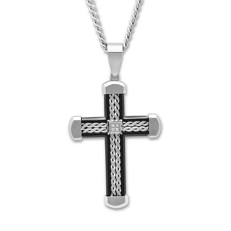 Men's Cross Necklace Diamond Accent Stainless Steel 24"